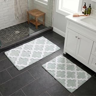 Bedford Home Bathroom Rug Set, 2-Piece, Seafoam, 41x24.5 Inch/34x21 Inch | 100% Cotton Bath Mats with Textured Trellis Print for Elegant Bathroom Decor, Machine Washable Bath Rugs, Absorbent Bathmats
