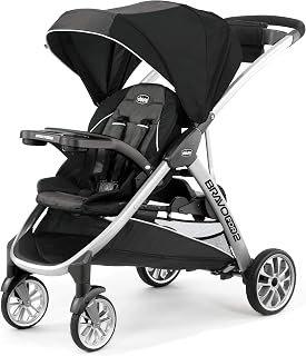 Chicco BravoFor2 Standing/Sitting Double Stroller w/Child &amp; Parent Tray | Click-In Attachment for Chicco Infant Seats, Built-In Standing Platform, UPF 50+ Canopy, Suspension, 1-Hand Fold, Grey