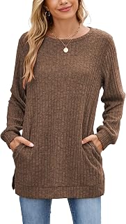 Famulily Women's Long Sleeve Elegant Crew Neck Ribbed Jumper with Loose Side Slits with Pockets