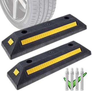 Genubi Industry Rubber Curb, Black Heavy Duty Parking Blocks Parking Target with Yellow Refective Stripes, Wheel Stop Stoppers for Car, Truck, RV, Trailer, and Garage, 2 Pack Professional Grade
