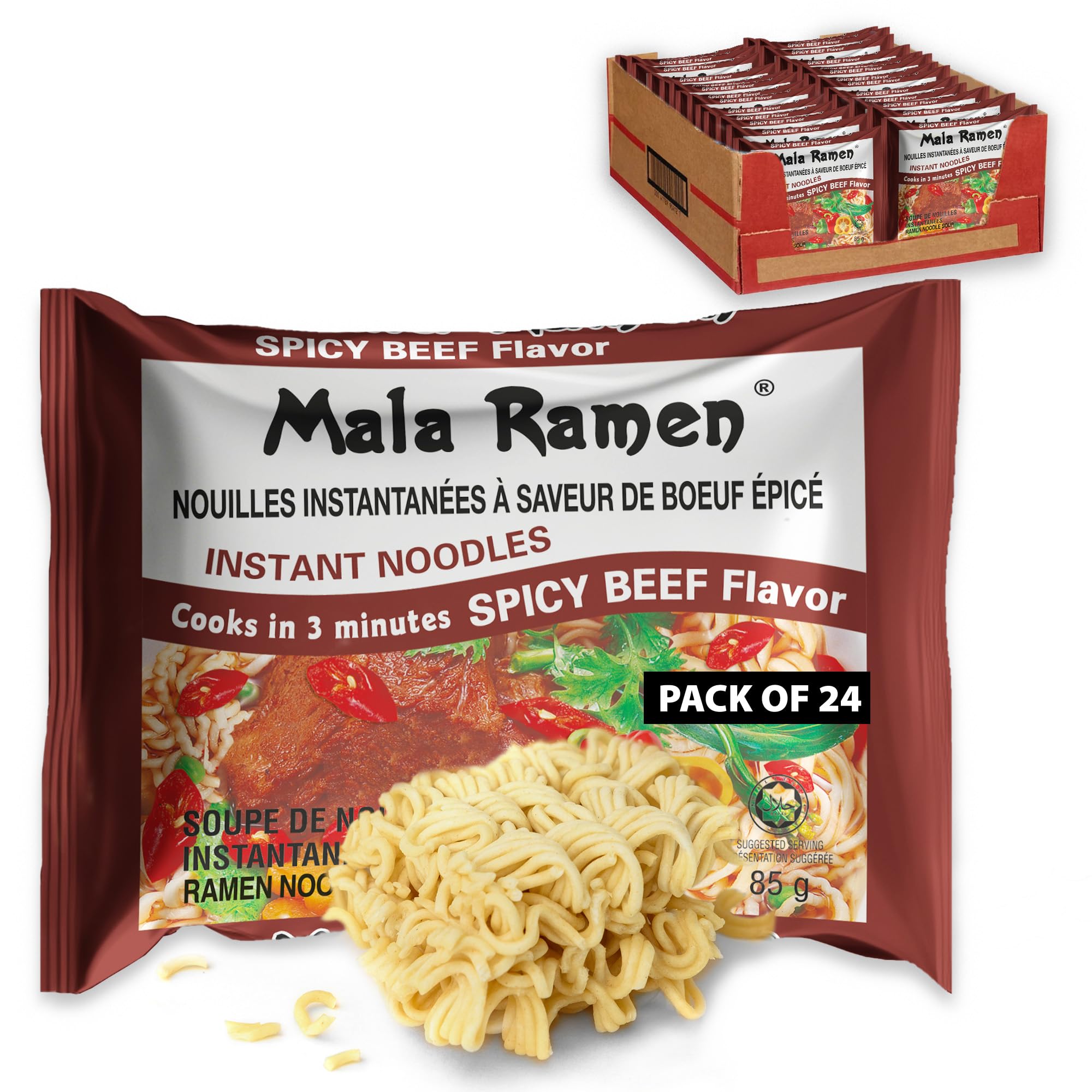 Mala Ramen Instant Noodle - Spicy Beef Noodles 85G (Case Of 24) 2.04 Kg - Cooks 