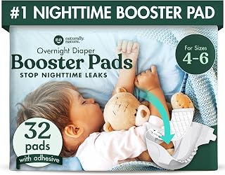 Naturally Nature Overnight Diaper Booster Pads, Stops Overnight Leaking, Diaper Liners for Toddler, Nighttime Diapers Size 5, Adhesive Pad for Girls, Boys, 32 ct.