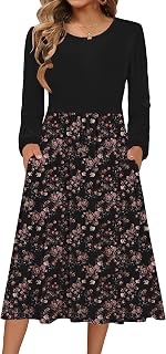 Zeagoo Fall Dress Long Sleeve Midi Dresses Casual Crewneck Pleated A Line Flowy Party Dresses PAT4 L