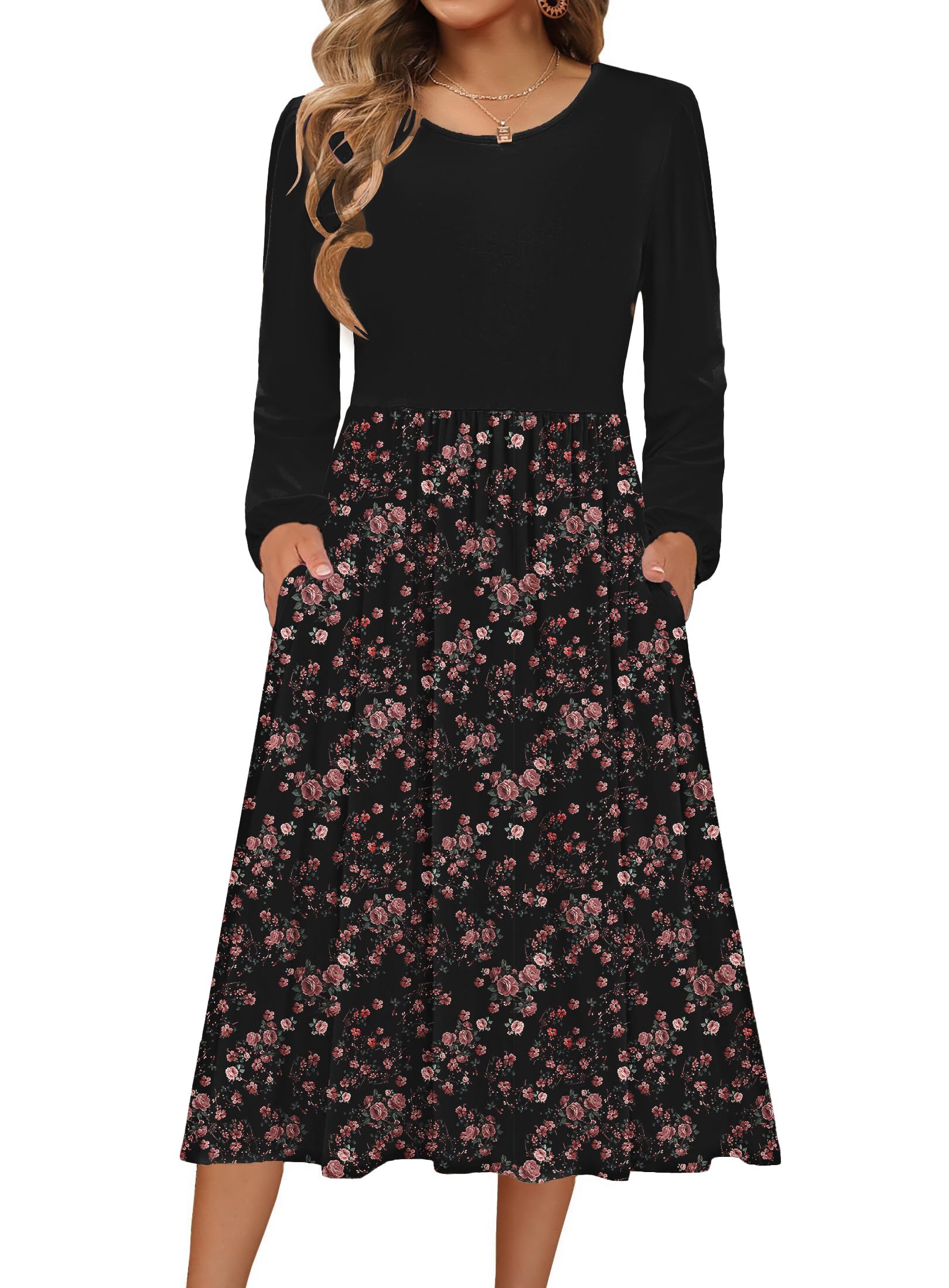 Zeagoo Fall Dress Long Sleeve Midi Dresses Casual Crewneck Pleated A Line Flowy 