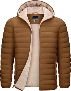 TACVASEN Herren Pufferjacke mit Kapuze, Sherpa-Futter, wasserabweisend, winddicht, isoliert, warm, für den Winter