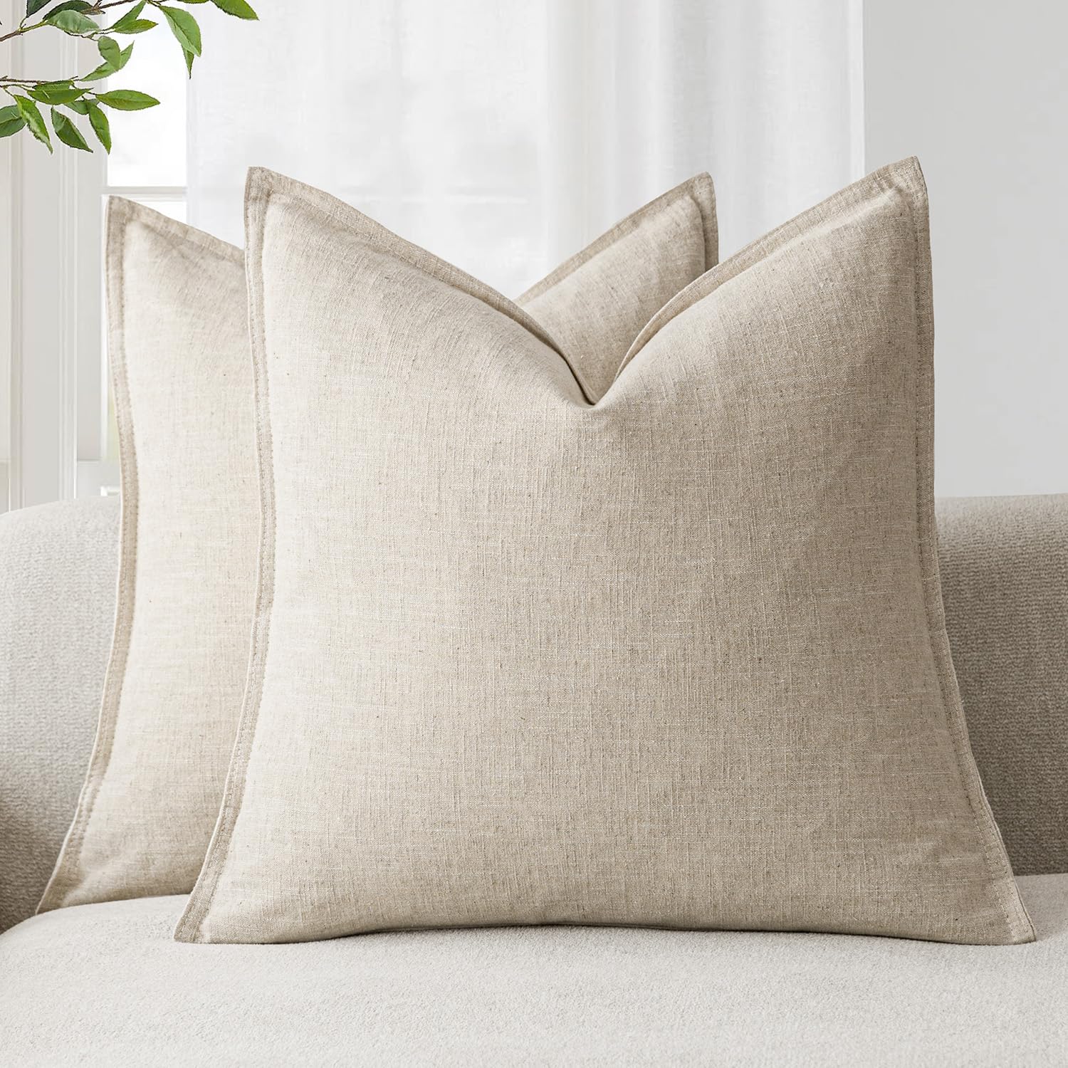 Foindtower Linen Solid Decorative Throw Pillow Covers 20x20 Natural Beige | Pack
