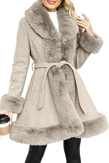 Bellivera Faux Fur Jacket Women Furry Trim Thicken Belted Parka