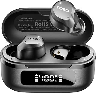 TOZO NC9 Hybrid Active Noise Cancelling Wireless Earbuds, 60H, LED Display | 6 Mic ENC Clear Calls, Deep Bass Sound, IPX8, in Ear Bluetooth 5.3 Headphones,32 EQs via APP, Comfort Fit Ear Buds, Black
