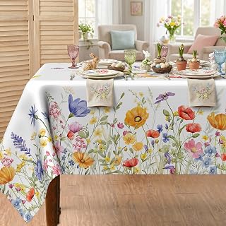 Spring Floral Tablecloth 52x70 Inch, Spring Watercolor Flowers Decorations for Home Table Cloth Rectangle, Blooming Flower Decor Tablecloths Polyester for Picnic Party Dinner