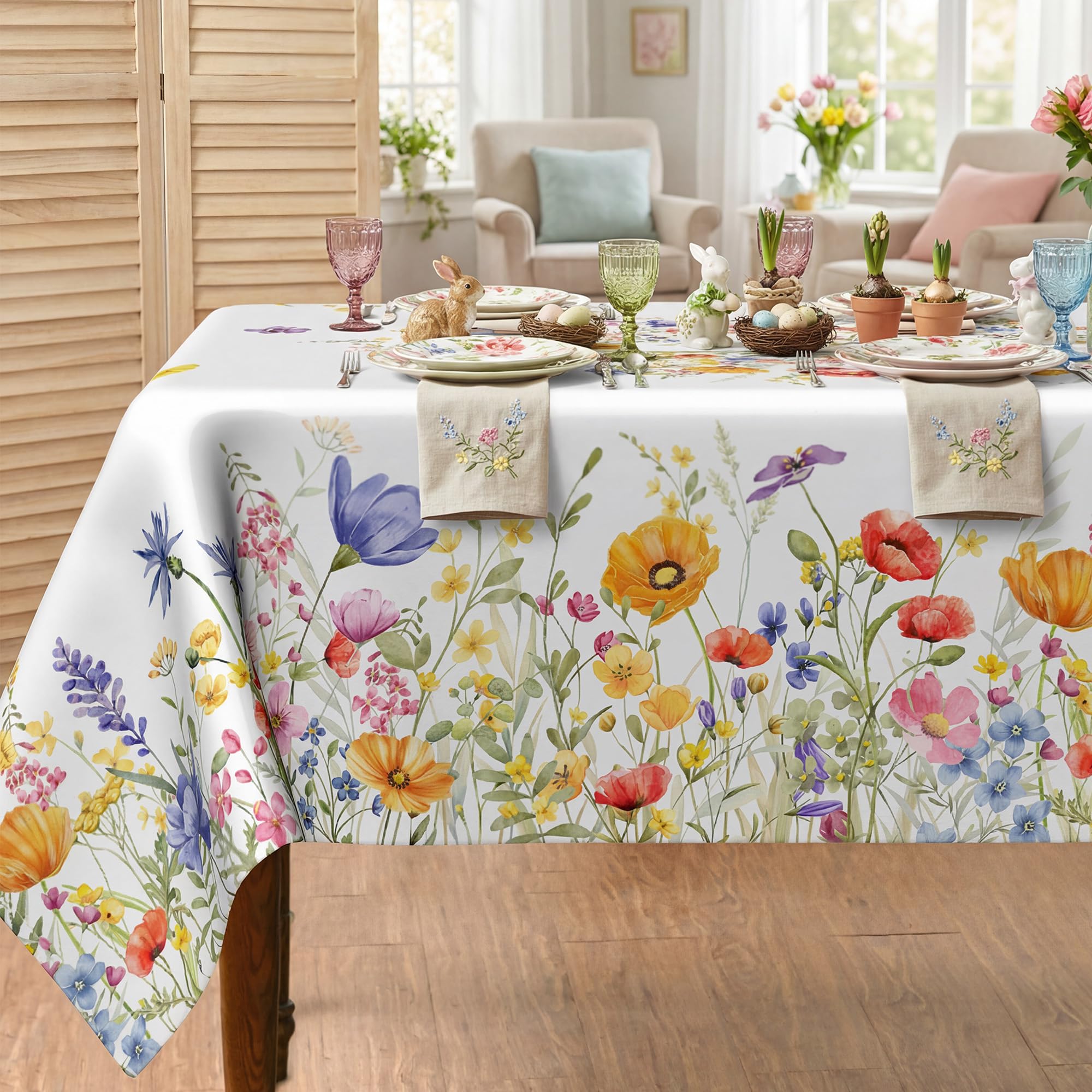 Spring Floral Tablecloth 52x70 Inch, Spring Watercolor Flowers Decorations for H