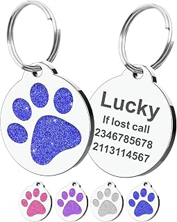 EDSG Dog Tags for Pets Engraved UK Personalised ID Tags for Dogs with Any Name & Text Dog Collar Glitter Bone Dog Tag Custom Stainless Steel Dog Name Tag for Puppy Pet Dogs (Blue-Round, S)