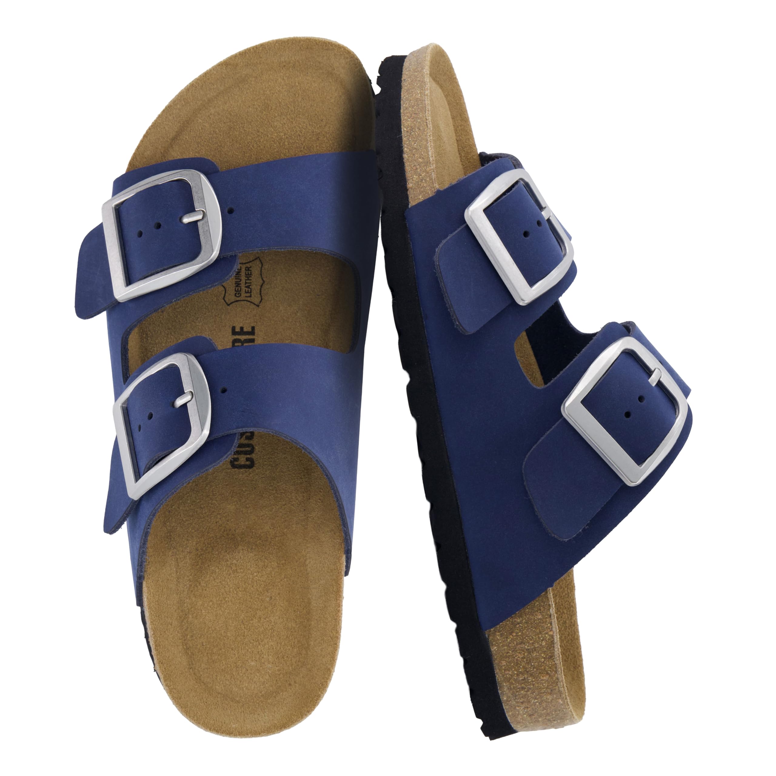 CUSHIONAIRE Laz 100% Genuine Leather Cork Footbed Slide Sandals for Women