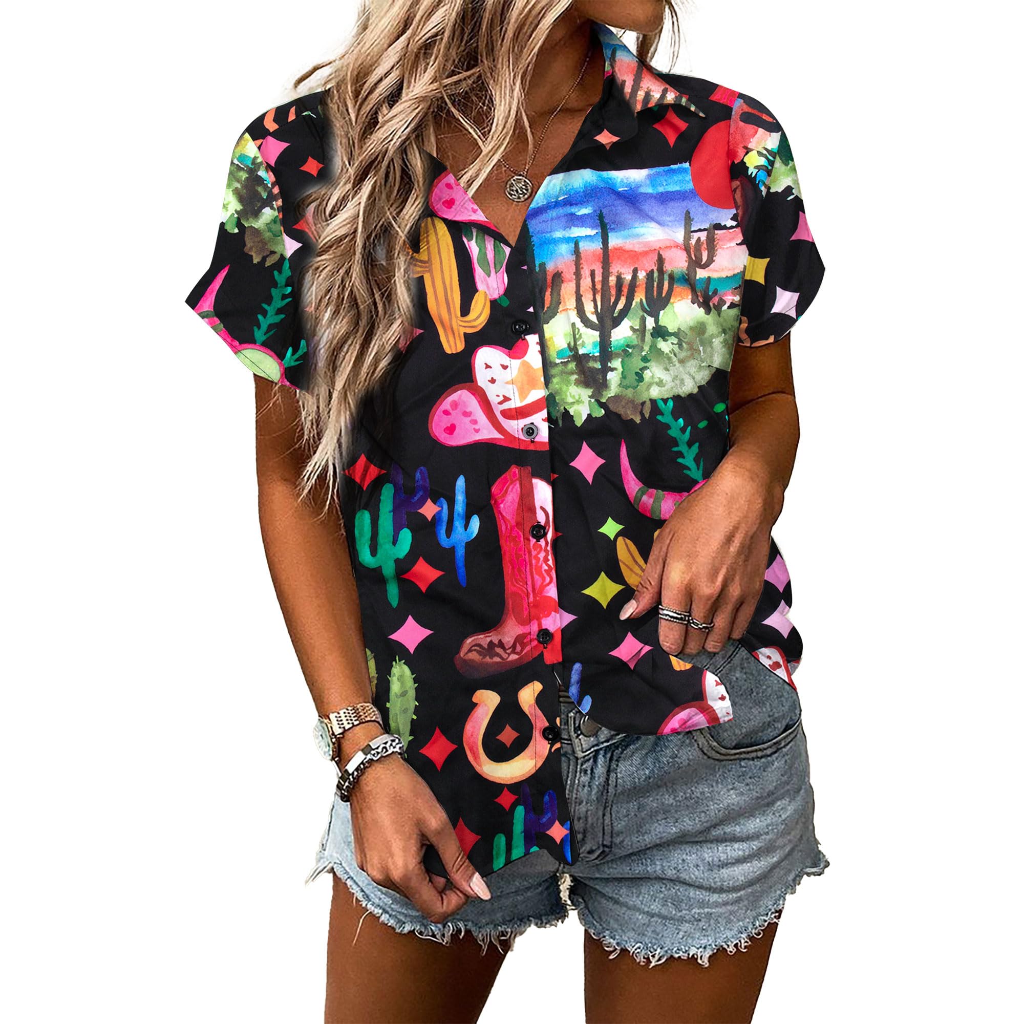 Western Shirt for Women Cowgirl Shirts Boho Graphic Button Down Country Concert 