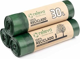 Relevo Green Drawstring Bin Bags - 30L (Width 55 cm x Height 60 cm), 45 Bags (3 Rolls × 15 Bags) | Extra Strong Bin Liners| 100% Recycled LDPE from Greenhouses | Blue Angel Certified