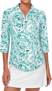 Tanst Sky Womens Golf Polo Shirts Zipper 3/4 Sleeve Moisture Wicking Tops UPF 50+ Workout Tennis Apparel