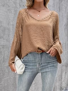 Women Lace Blouse Puff Bell Sleeve Long Sleeve Fashion Casual Loose Outing Blouse