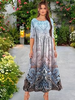 Women Midi Dress Floral Printed Casual Loose Fit A Line Half Sleeve Sundress Lightweight for Office Travel Date Weekend