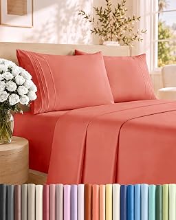 Cal King Size 4 Piece Sheet Set - Comfy Breathable & Cooling Sheets - Coral