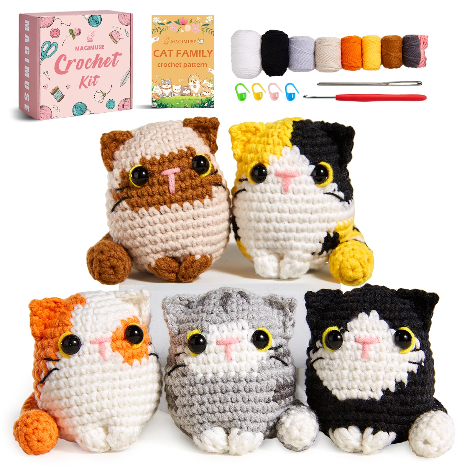 MAGIMUSE Crochet Kit for Beginners, 5 Cat Crochet Amigurumi Craft Kit | Includes