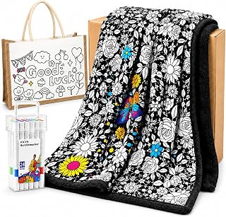 EAONE Coloring Blanket Kit for Girls, 50 x 60 Inch Floral Throw with 24 Acrylic Markers, DIY Tote Bag, Color Your Own Snuggle Activity Gift