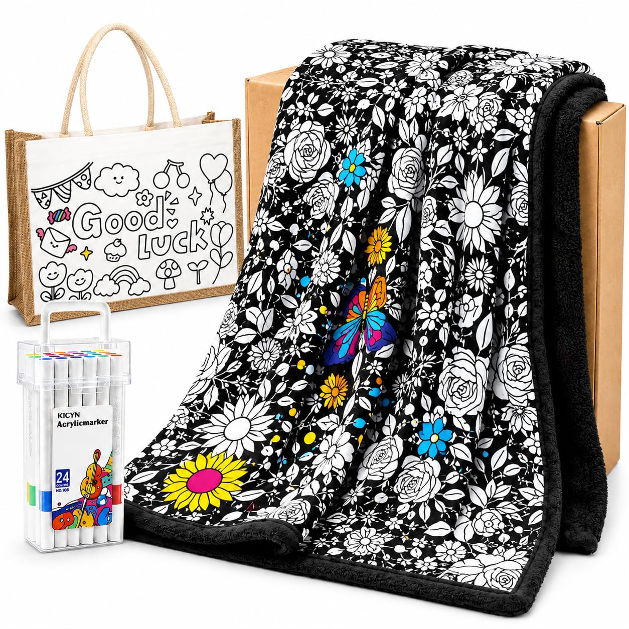 EAONE Coloring Blanket Kit for Girls, 50 x 60 Inch Floral Throw with 24 Acrylic 
