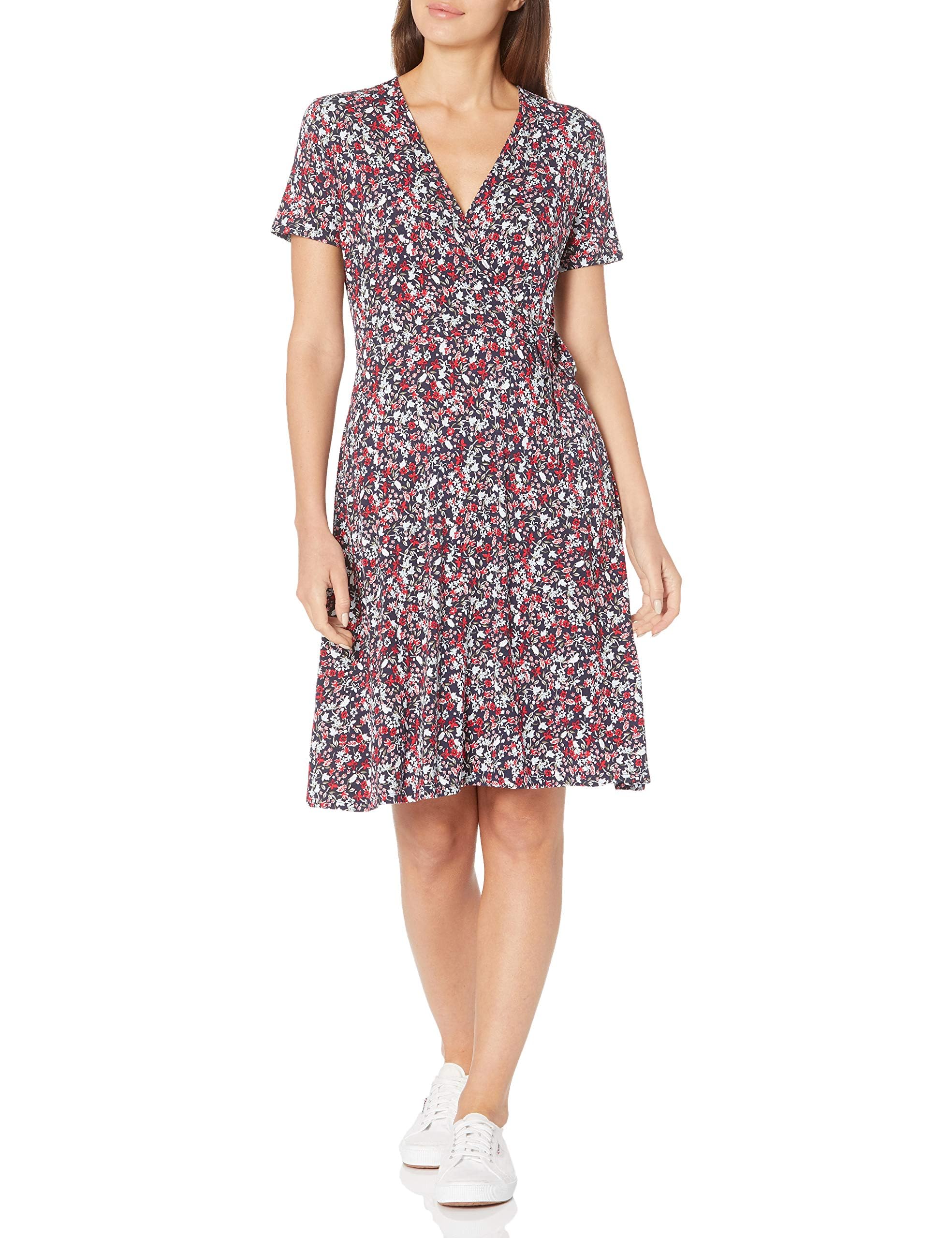Amazon Essentials Women's Short-Sleeve Faux-Wrap Knee Length Dress