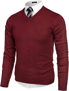 COOFANDY Suéter de manga larga con cuello en V para hombre, Rojo, Large
