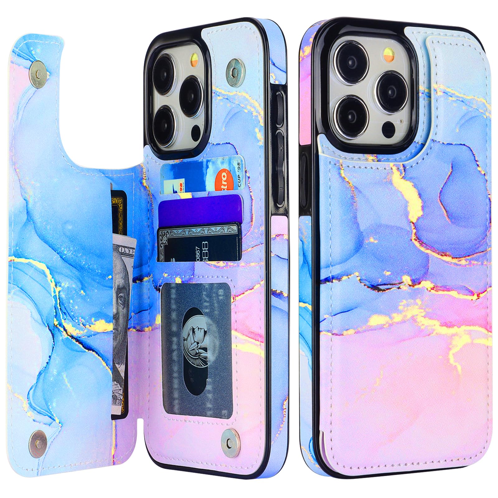 HAOPINSH for iPhone 15 Pro Max Wallet Case with Card Holder, Pink Blue Marble Pa