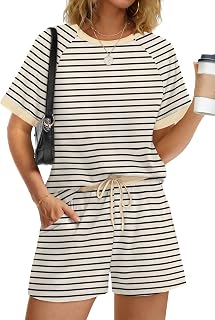 WIHOLL Two Piece Short Sets for Women Casual Summer Outfits Short Sleeve Crew Neck Lounge Matching Set