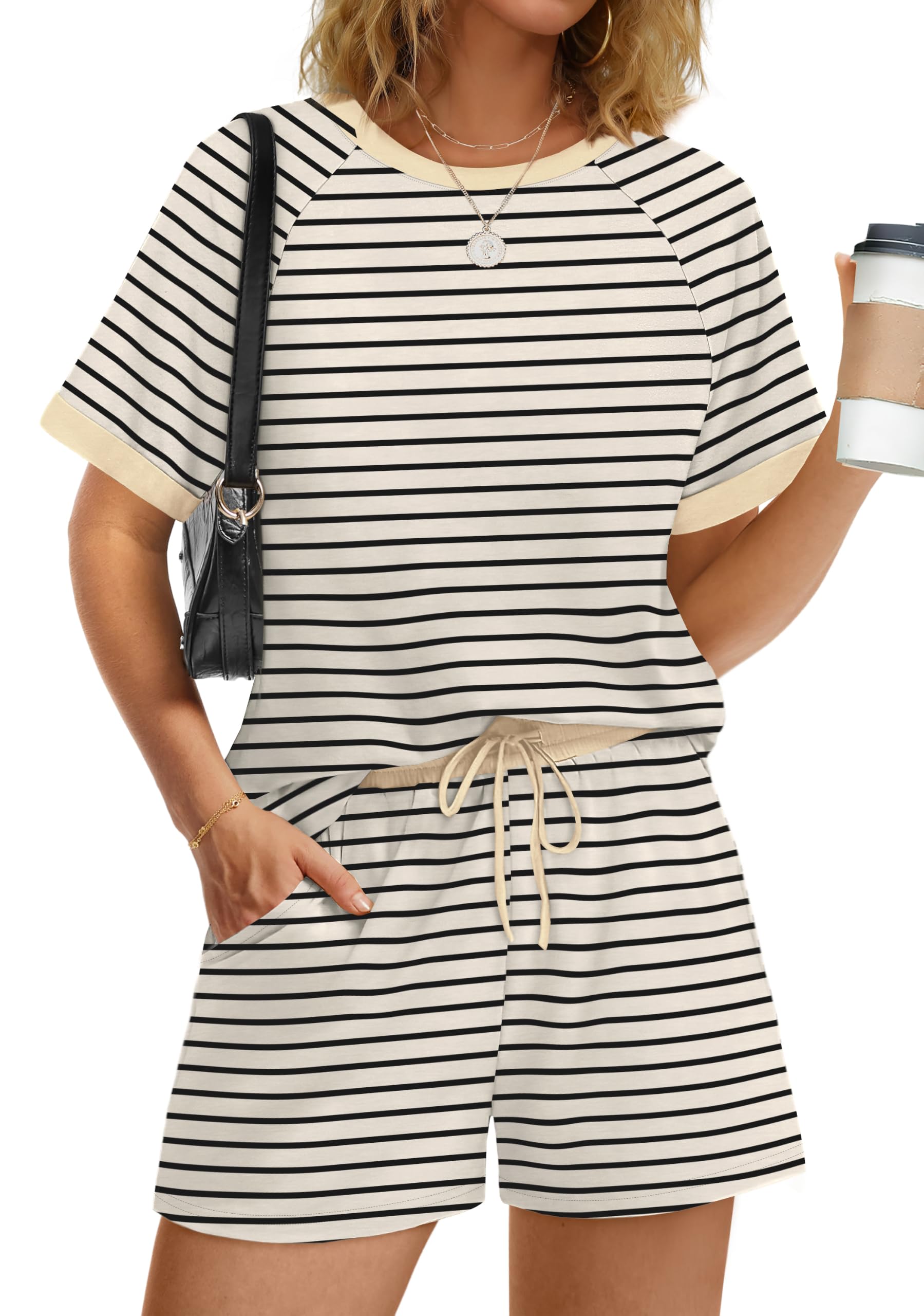 WIHOLL Two Piece Short Sets for Women Casual Summer Outfits Short Sleeve Crew Ne