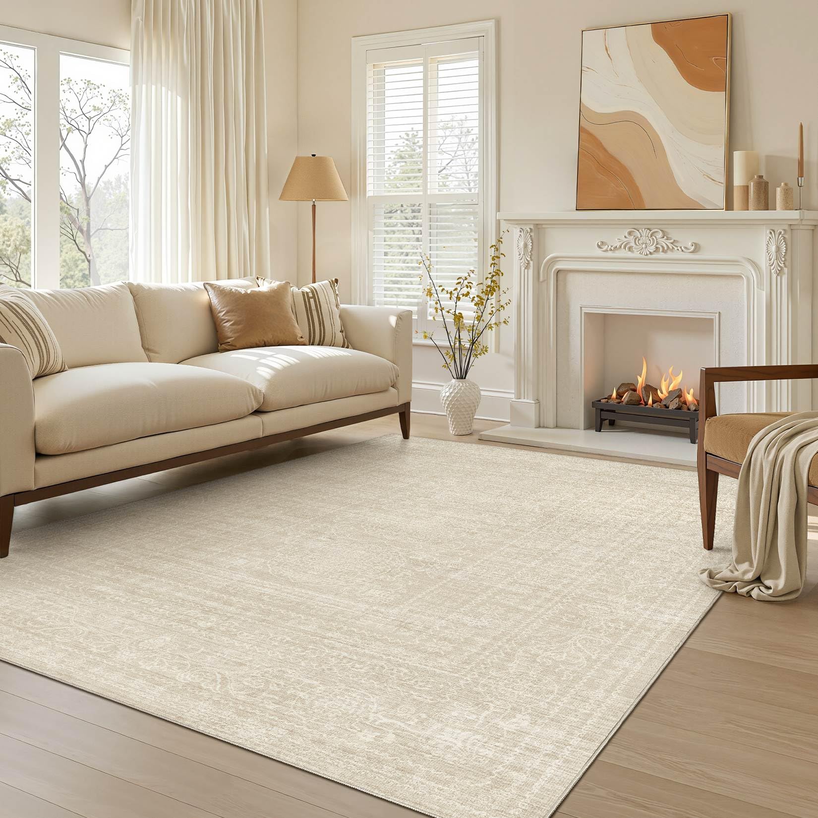 Nakagishi Neutral 5x7 Area Rugs for Living Room Washable, Beige | Pet & Kid Frie