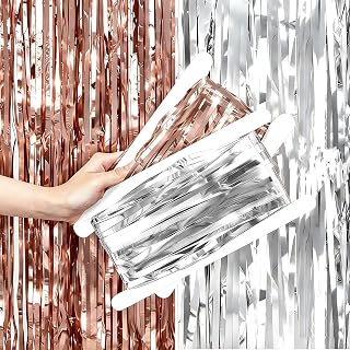 2 Pcs Foil Fringe Curtains Backdrop Rose Gold Silver for Party Décor