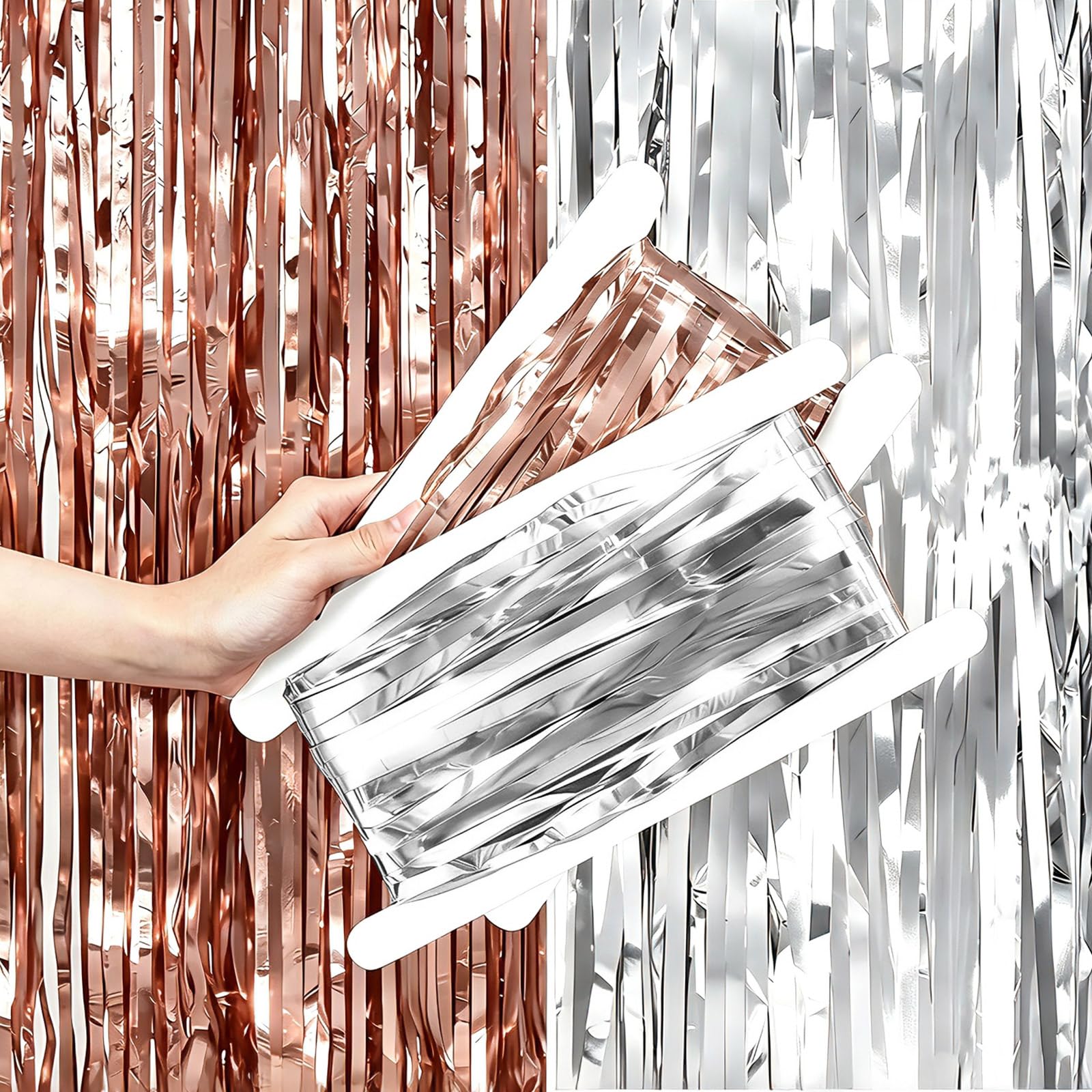 2 Pcs Foil Fringe Curtains Backdrop Rose Gold Silver for Party Décor