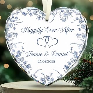Personalized Our First Christmas Glass Ornament 2026 - Custom Chinoiserie Wedding Ornament for Couple, Mr and Mrs Keepsake, Newly Named Just Married Heart Glass Ornament