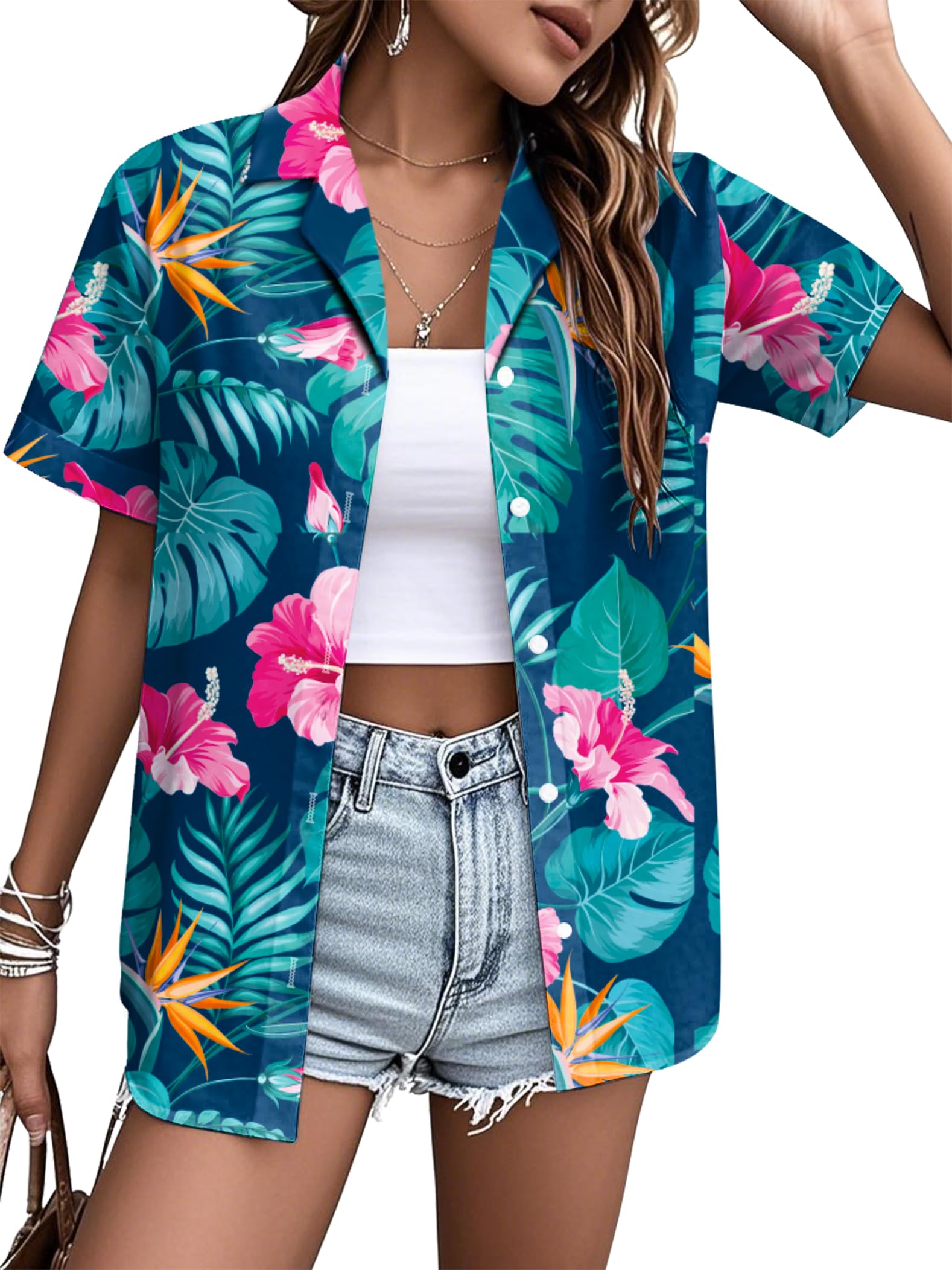 VVNTY Hawaiian Shirts for Women Floral Print Button Down Tshirt Tropical Summer 
