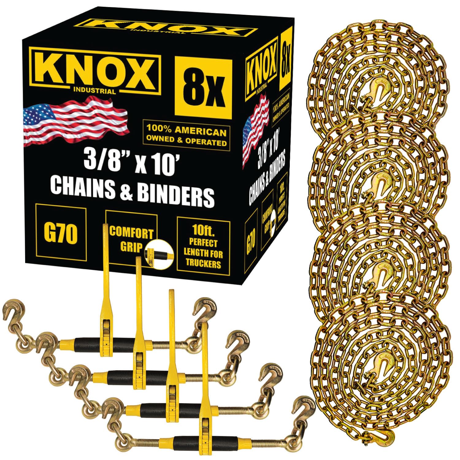 Knox Chain and Binder Kit 3/8in-1/2in, G70 Chains Ratchet Load Binders 9200lbs W