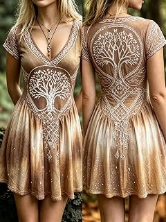 Women Boho Casual V Neck Short Sleeve Tree Gradient A-Line Mini Dress