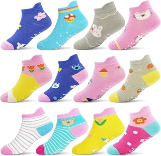 GRPSKCOS Toddler Socks with Grip 12 Paris Toddler Kids Non Slip Ankle Socks for 1-7 Years Girls Boys