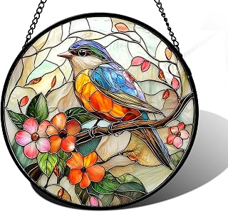 Blue Bird Pink Flower Stained Glass Window Hanging Suncatcher Gift 9.8"