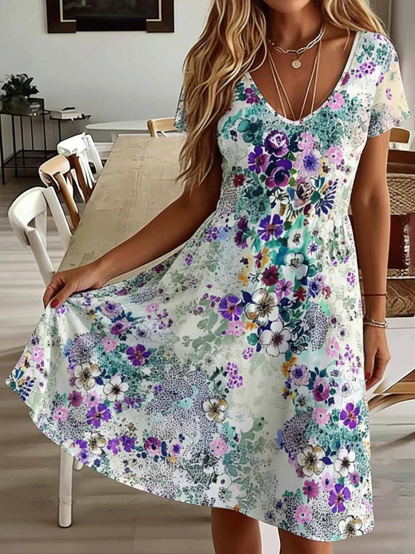 Women Spring/Summer V Neck Short Sleeve Floral Print Holiday Dress