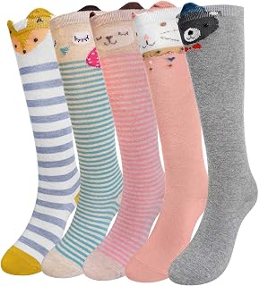Girl's High Socks - Knee Long Socks Seamless Cotton - Striped Colourful Animals Breathable For Girls 2-12 Years Birthday Christmas Gift 5 Pairs Size 6-5