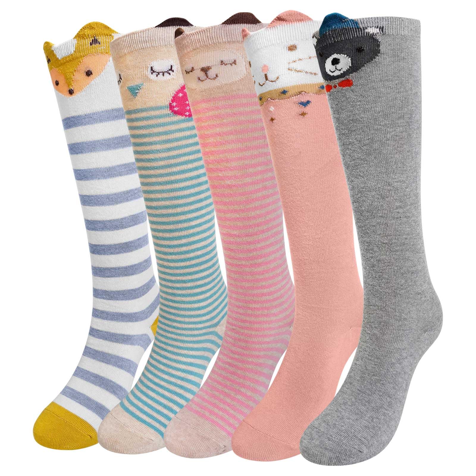 Girl's High Socks - Knee Long Socks Seamless Cotton - Striped Colourful Animals 