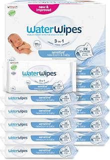 WaterWipes Sensitive+ Newborn & Baby Wipes, 12 Pack | 720 3-in-1 wipes that cleanse, protect and care for skin; 99.9% water, perfume and alcohol free