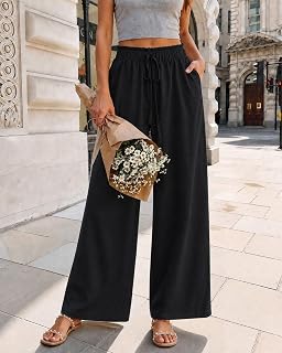Women High Waist Drawstring Wide Leg Pants Casual Loose Pants with Pockets Breathable Summer, Black, L