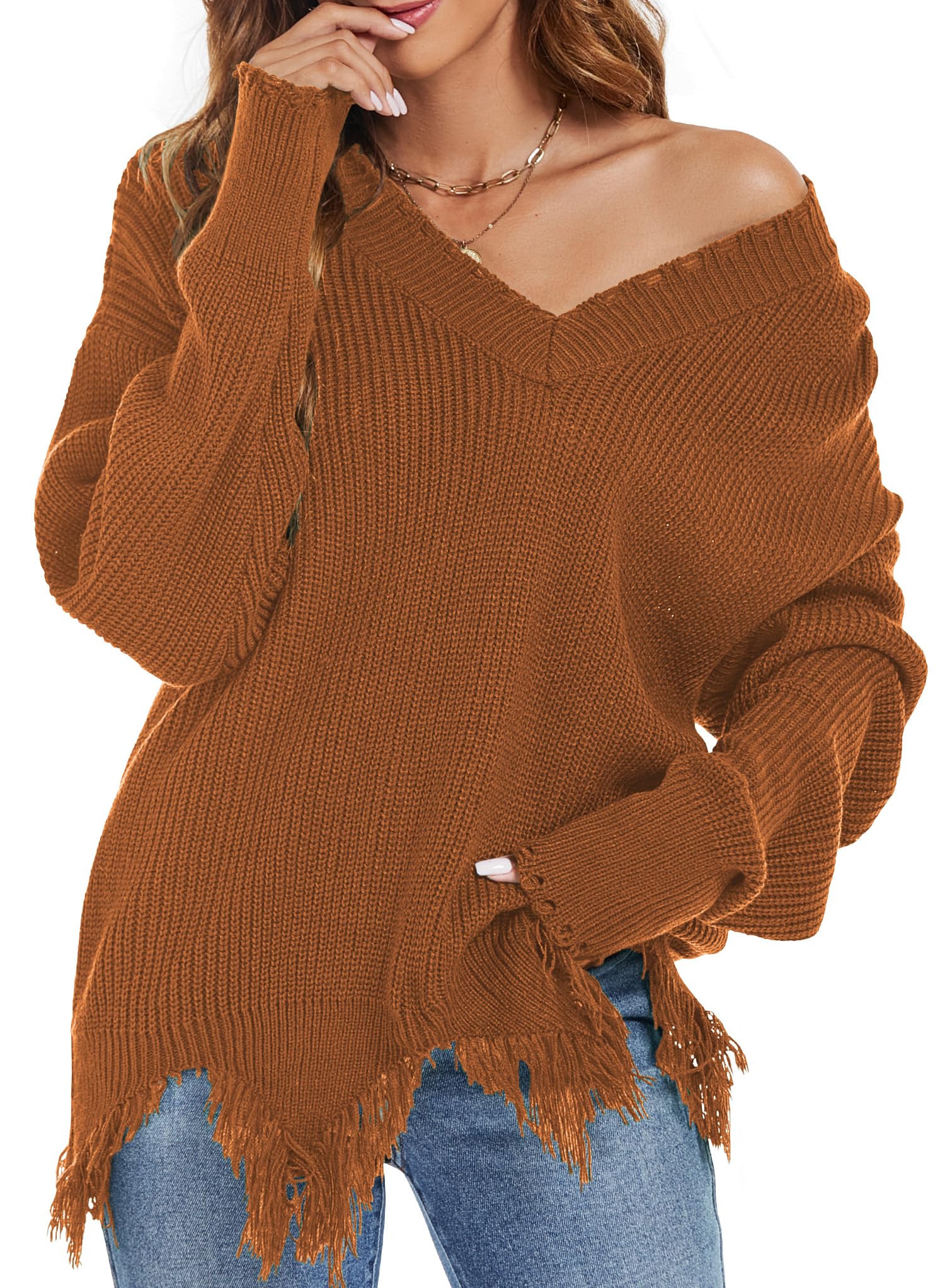 RANPHEE Womens Slouchy Long Sleeve Sweaters Fall Off the Shoulder Cute Baggy Pul