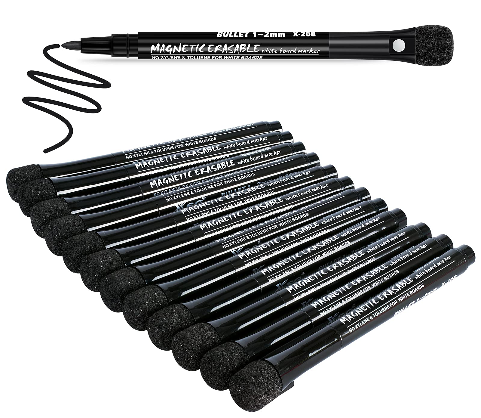 JR.WHITE Dry Erase Markers, Black, Fine Tip, 12 Pack, Low-Odor White Board Marke