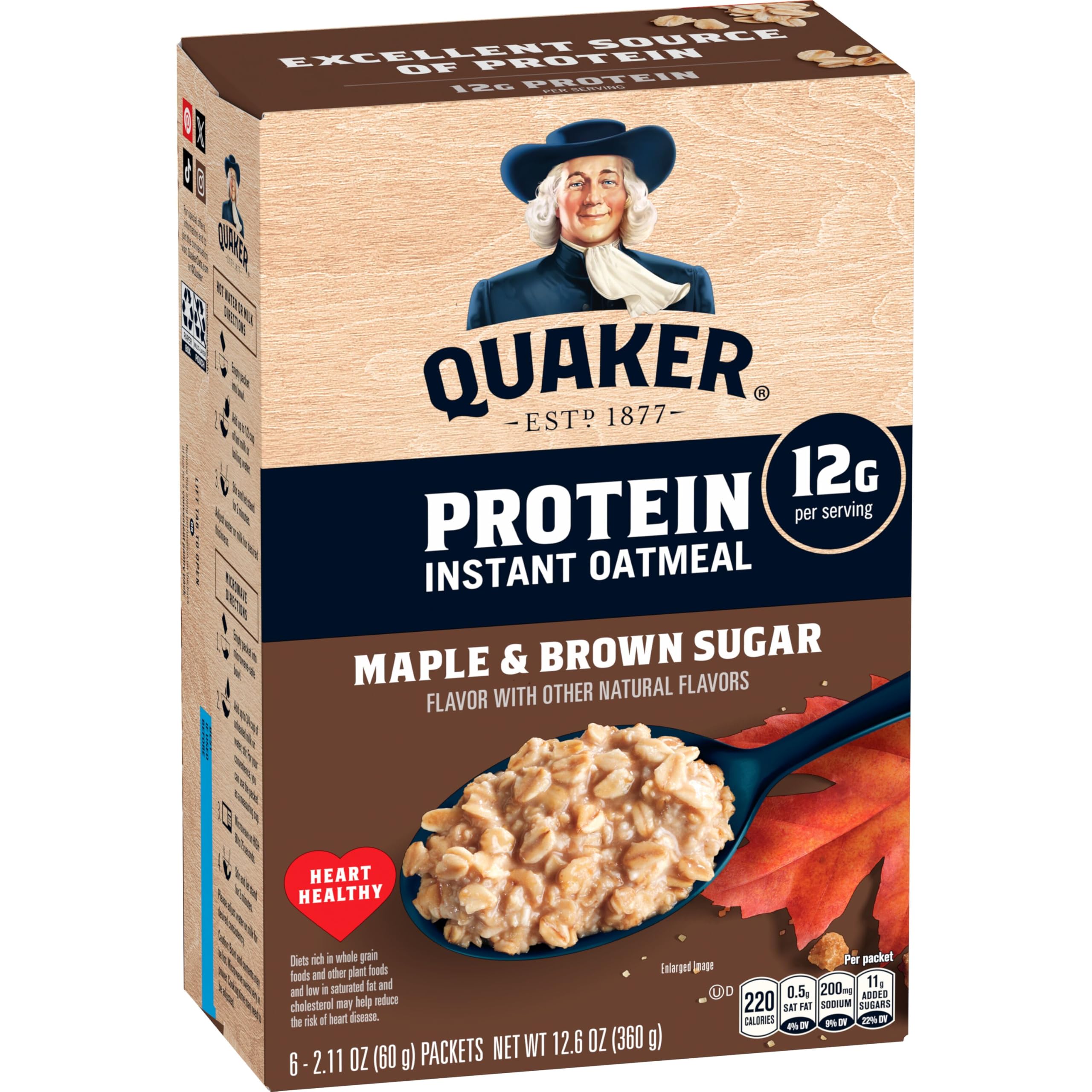 Quaker Protein Instant Oatmeal, Maple Brown Sugar, 12g Protein per Serving, Whol