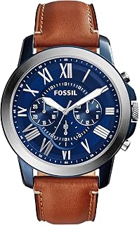 Fossil Montre pour Homme Grant, Taille de Boîtier de 44 mm, Mouvement Chronographe à Quartz, Bracelet en Cuir Véritable