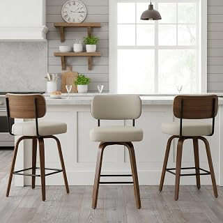 ARVASSLIA Swivel Bar Stools Set of 3, 26" Counter Height, Beige Grey | Walnut Wood Legs, Upholstered Seat, Supportive Backrest, Easy-Clean Faux Leather, Mid-Century Modern, 4-Inch Cushion