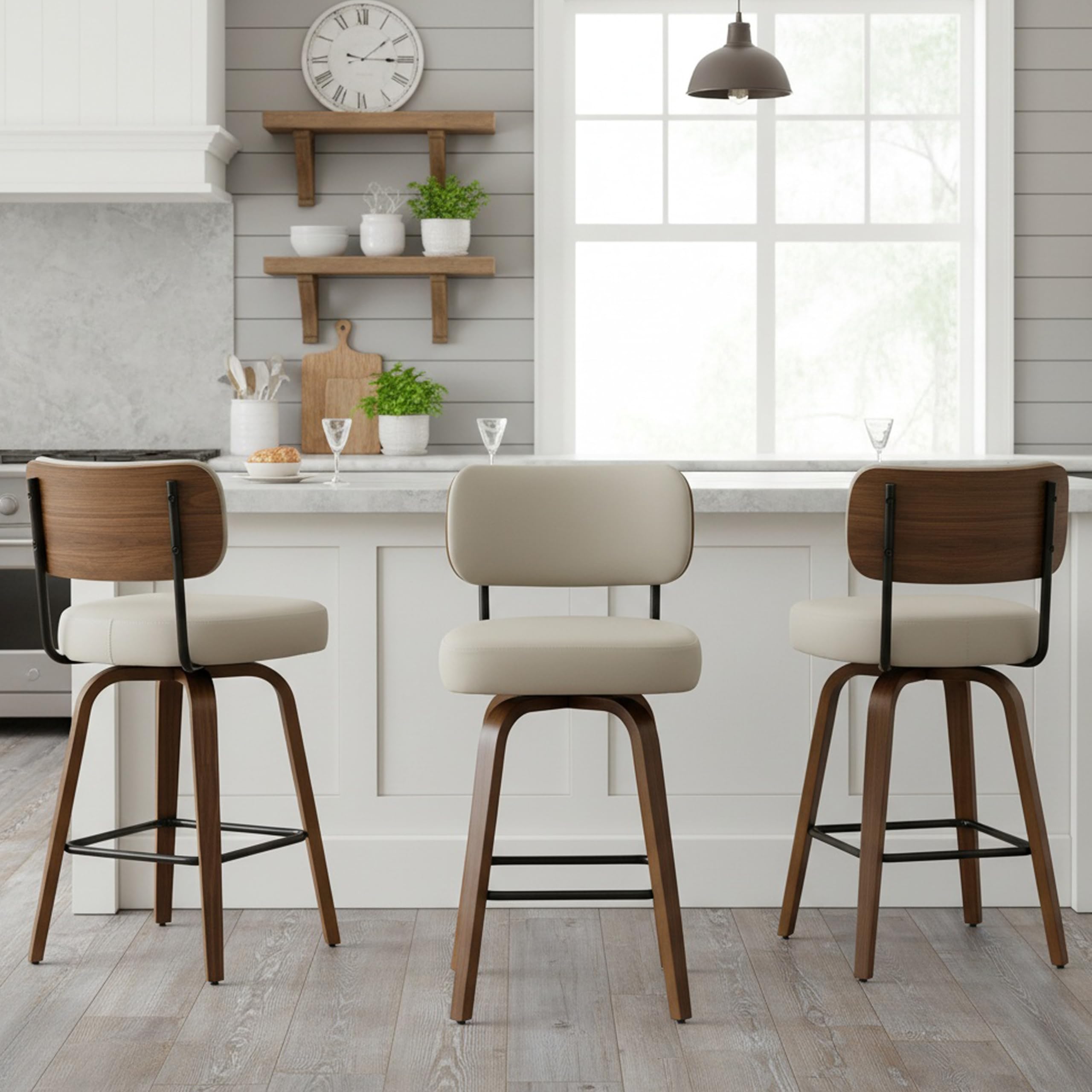 ARVASSLIA Swivel Bar Stools Set of 3, 26" Counter Height, Beige Grey | Walnut Wo